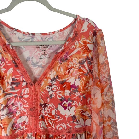 Torrid Super Soft Knit Orange Floral Babydoll Blouse Balloon Sleeve Womens 2x - Picture 2 of 7